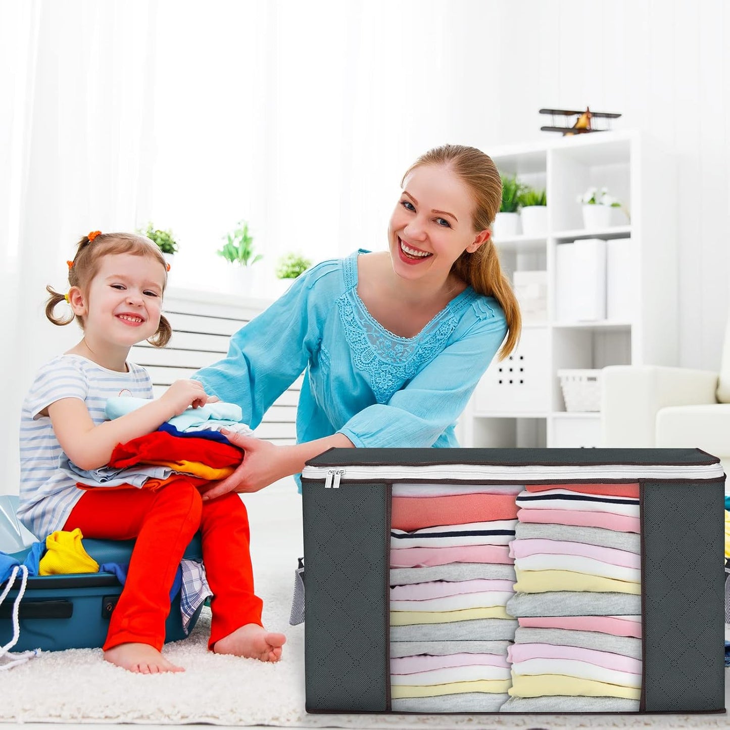 Large Storage Bags, 4 Pack Clothes Storage Bins Foldable Closet Organizers Storage Containers with Durable Handles Thick Fabric for Blanket Comforter Clothing Bedding 90 L (Gray)