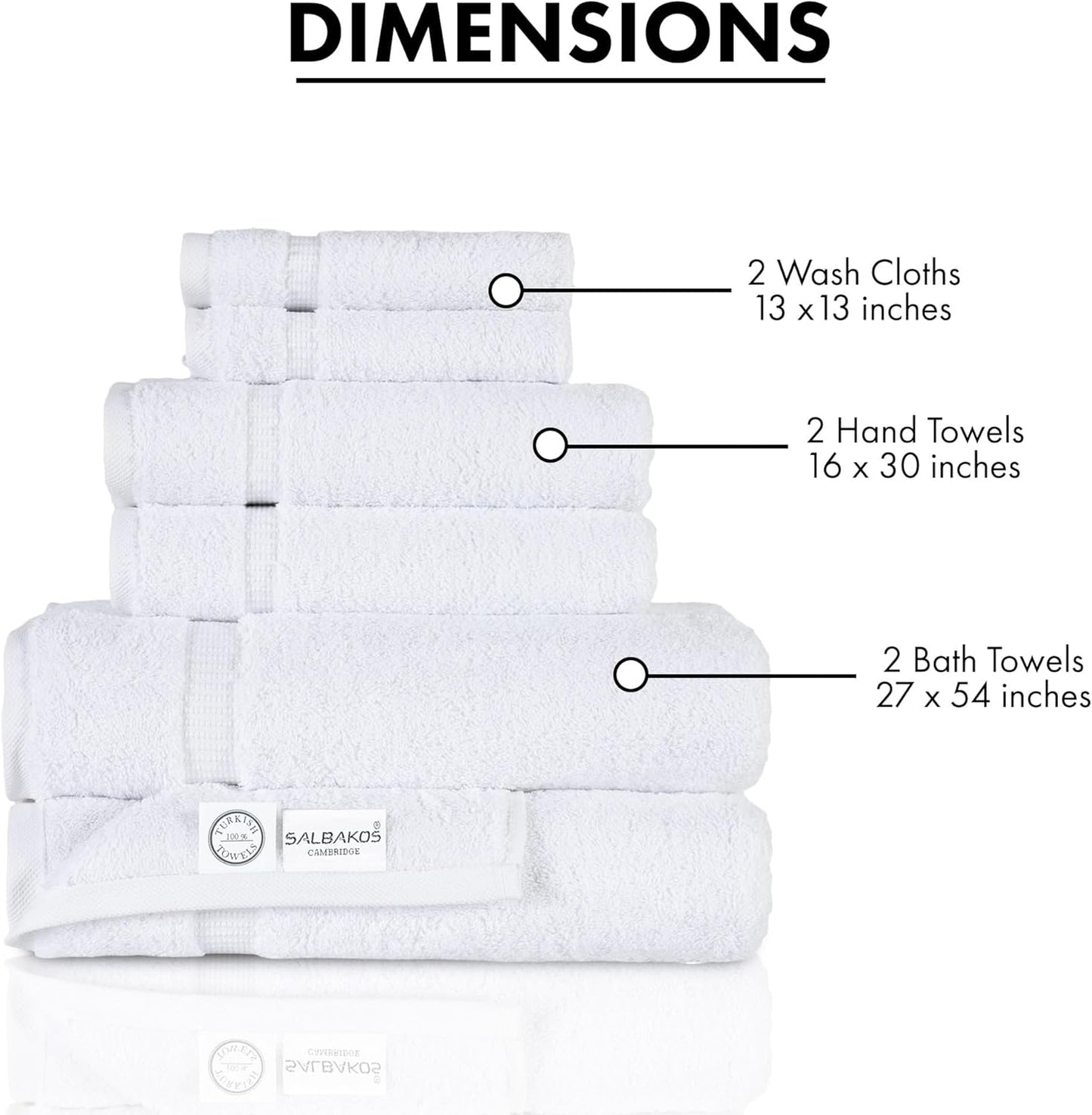 SALBAKOS 100% Turkish Cotton 6-Piece Towel Set | Heirloom Quality Hotel & Spa Collection | Soft, Super Absorbent 2 Washcloth, 2 Hand, 2 Bath Towel Sets | Made in Turkey (White, 6 Piece Towel Set)