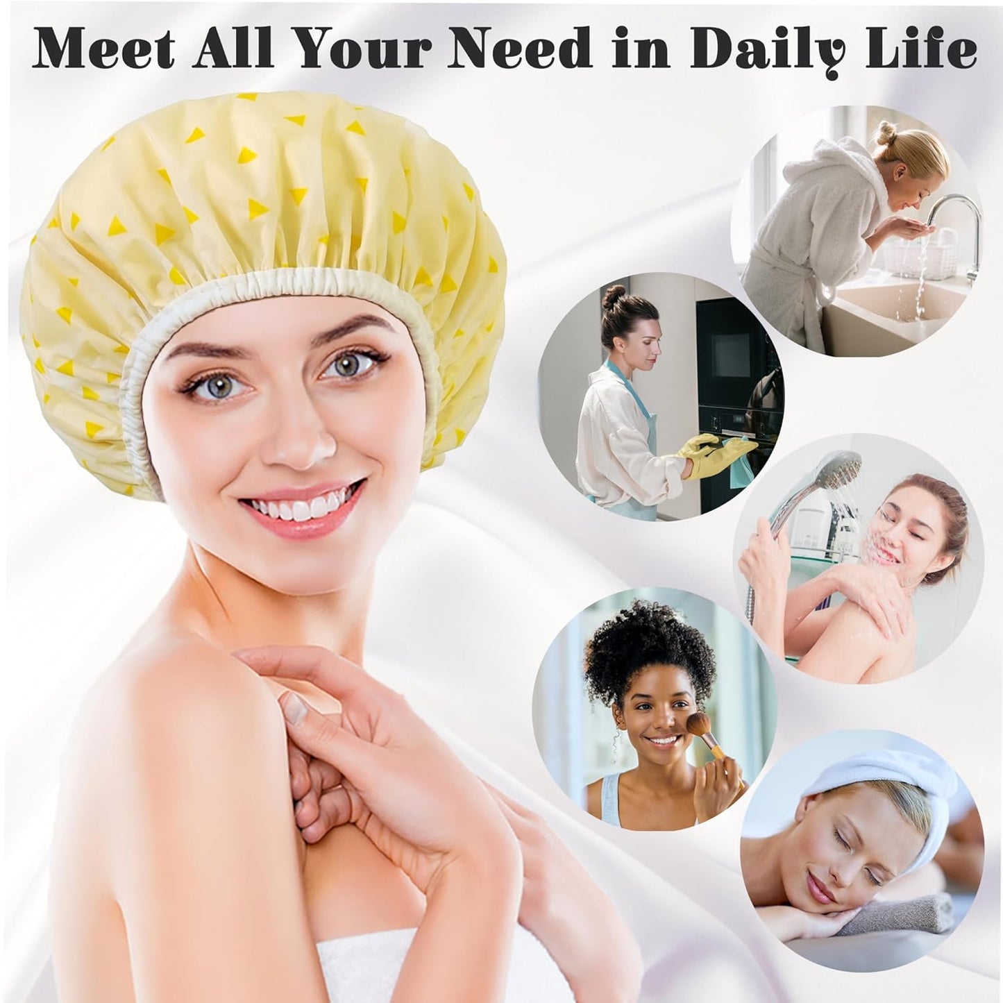 Shower Cap for Women, Shower Caps Reusable Waterproof, Large Plastic Satin Lined Shower Cap for Braids Long Hair