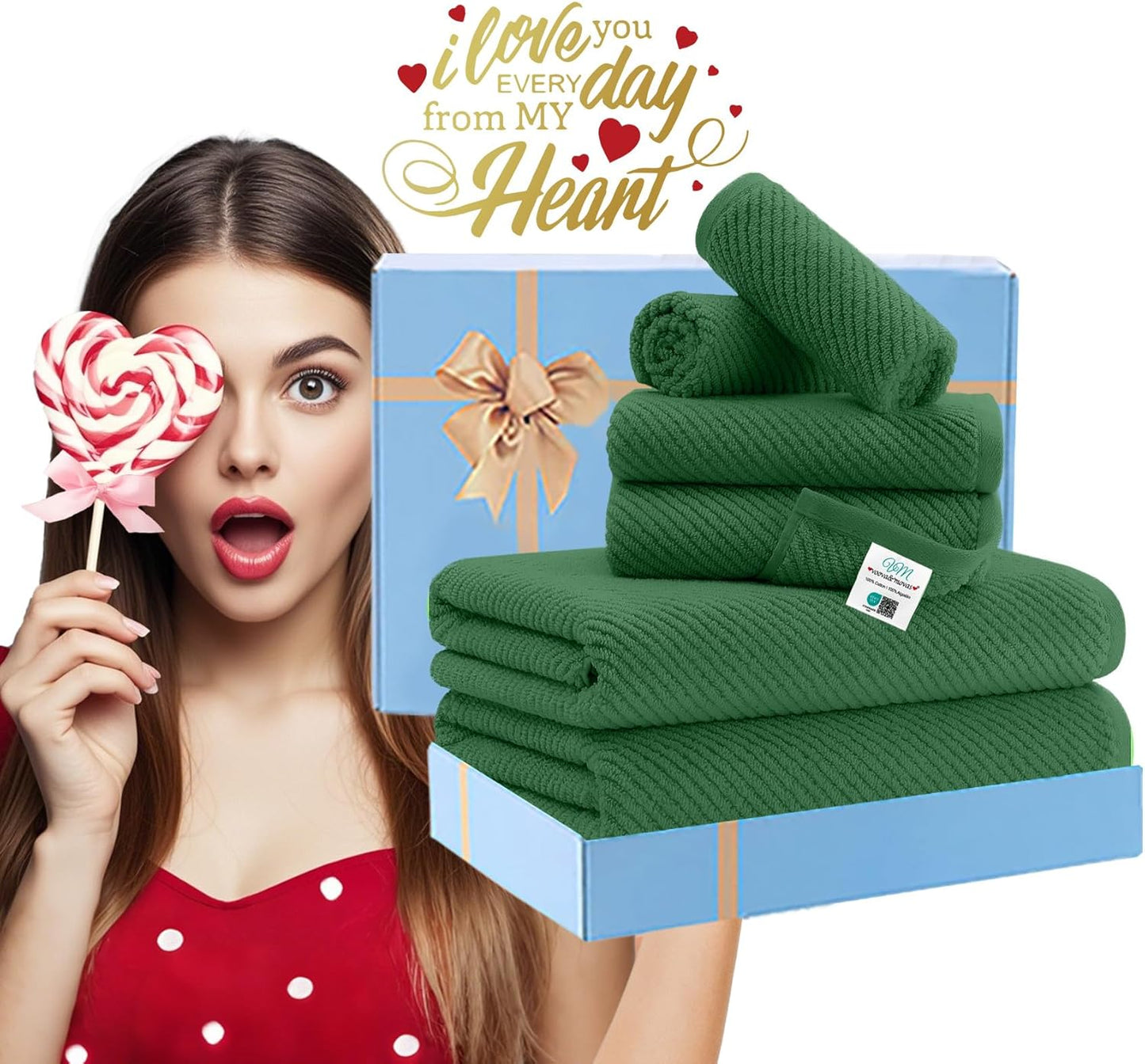 Green Towels, 6 Piece Towels Set - Cotton | Quick Dry | Thick | Lightweight | Soft, 2 Large Bath Towels 30"x56", 2 Hand Towels 18"x28", 2 Washcloths 13"x13", Luxury Towel Gift, Hunter Green