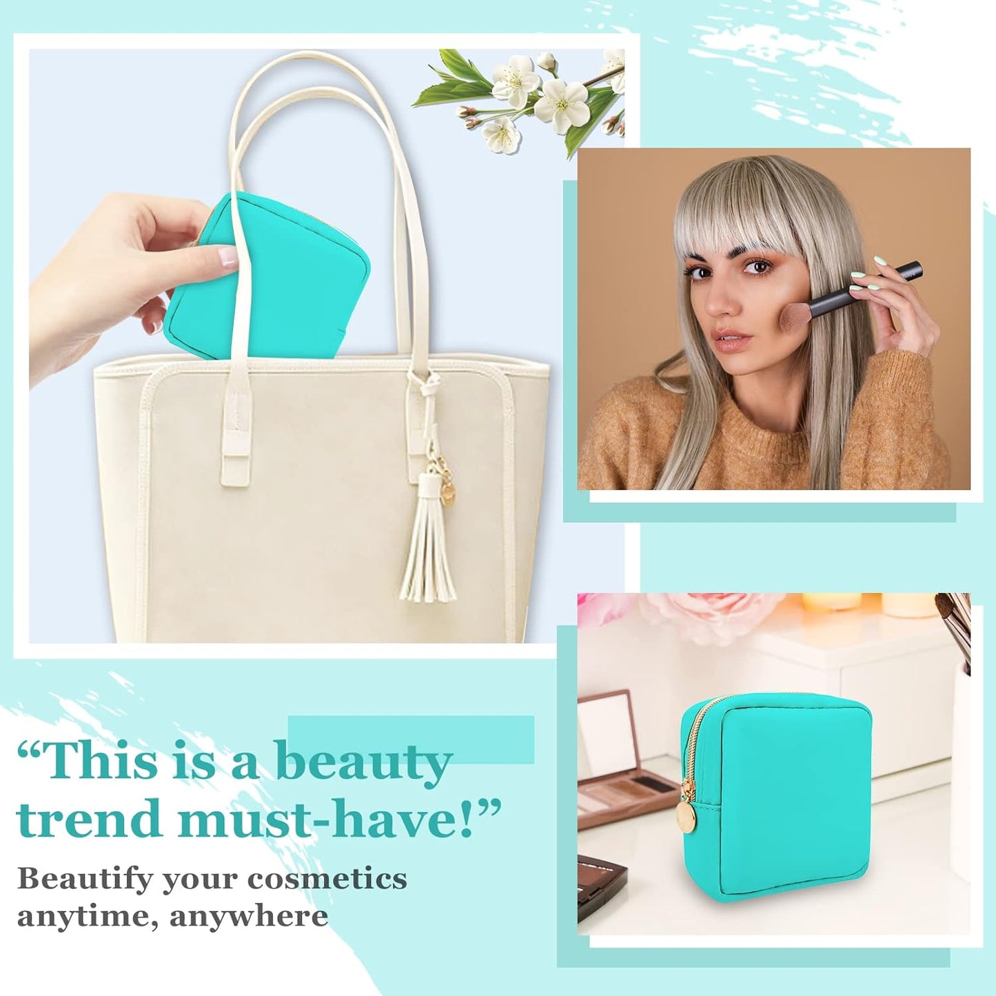 Nylon Mini Makeup Bag for Purse, Preppy Small Cute Makeup Bag Cosmetic Zipper Pouch Purse, Waterproof Travel Coin Pouch Sanitary Napkin Storage Bag Clutch Make Up Organizer for Women Men Girls(Mint)