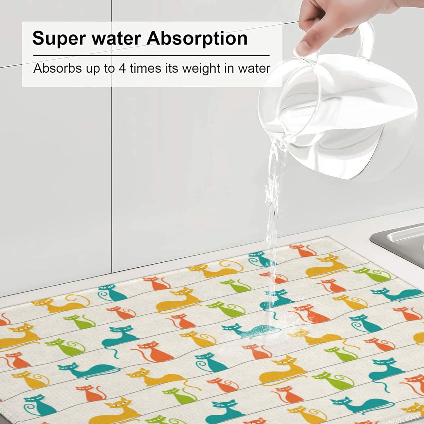 Mid Century Modern Cats Dish Drying Mat for Kitchen Counter Absorbent Reversible Cute Drying Pad Dark Kitchen Decor Dish Drainer Rack Mats 18"x24"