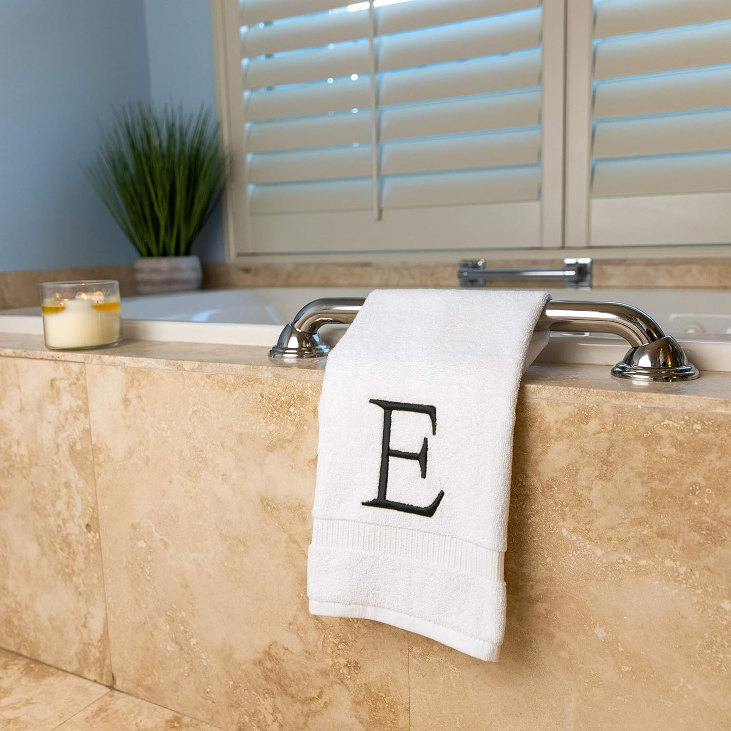 Dark Gray Monogram Hand Towel for Bathroom - Monogrammed Initial Hotel Quality Decorative Embroidered Luxury Towel for Powder Room, Spa - GOTS Organic Certified - Pack of 2, Letter E