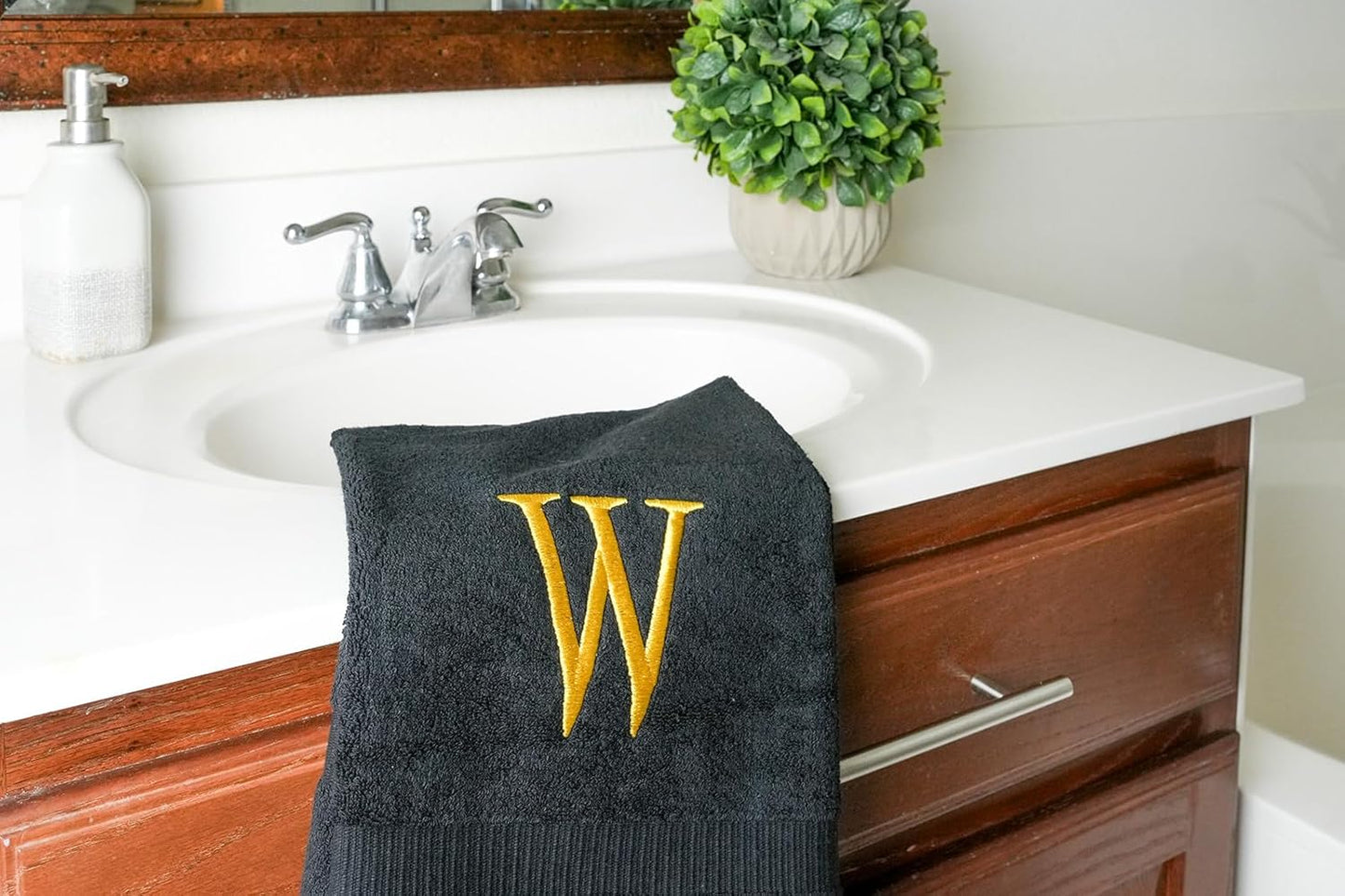 Black Luxury Hand Towel for Bathroom - Monogrammed Initial Hotel Quality Decorative Embroidered Towel for Powder Room, Spa - GOTS Organic Certified - Pack of 2, Letter W