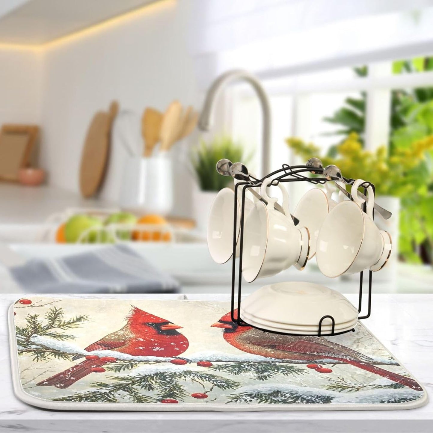 Christmas Dish Drying Mat Red Cardinals Birds Snowflake Branches Berries Winter Christmas Dish Drainer Mat for Kitchen Counter 18x24 inch Drying Mat Absorbent Microfiber Dish Mat