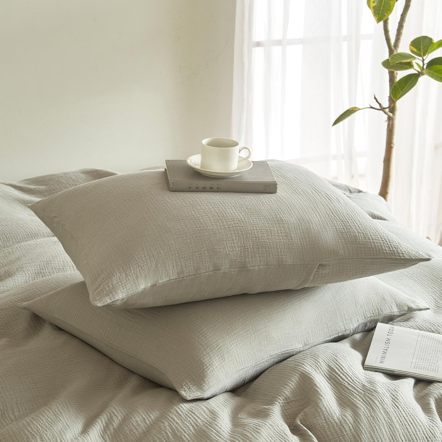 SE SOFTEXLY Muslin Pillowcases Standard Size 100% Cotton, 2 Pack Linen Like Pillow Shams with Envelope Closure, Ultral Soft and Breathable Pillow Case Covers, Smoky-Green, 20" X 26", No Filling