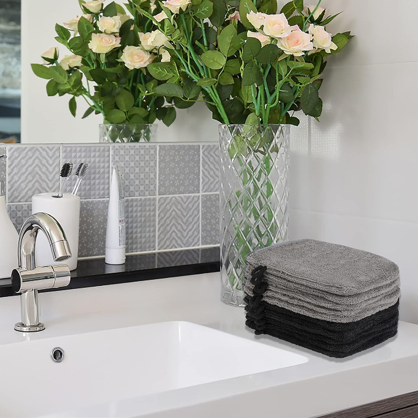 PHOGARY 10 Pack Microfiber Body Wash Mitts, Soft Face Mitten, Bath Spa Cloth, Reusable Makeup Remover Mitt Gloves, European Style Wash Cloth,6×8inch, Black and Grey