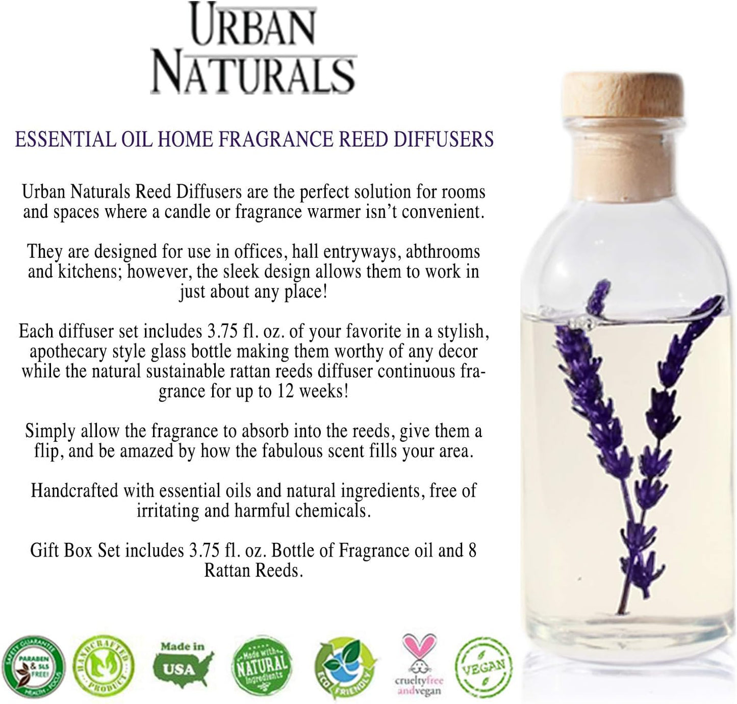 Urban Naturals Lavender Fields Oil Essential Oil Reed Diffuser Set with Real Lavender Stems! French Blossoms, Geranium & Clary Sage | #1 Gift Idea for Aromatherapy & Stress Relief | Vegan | USA Made