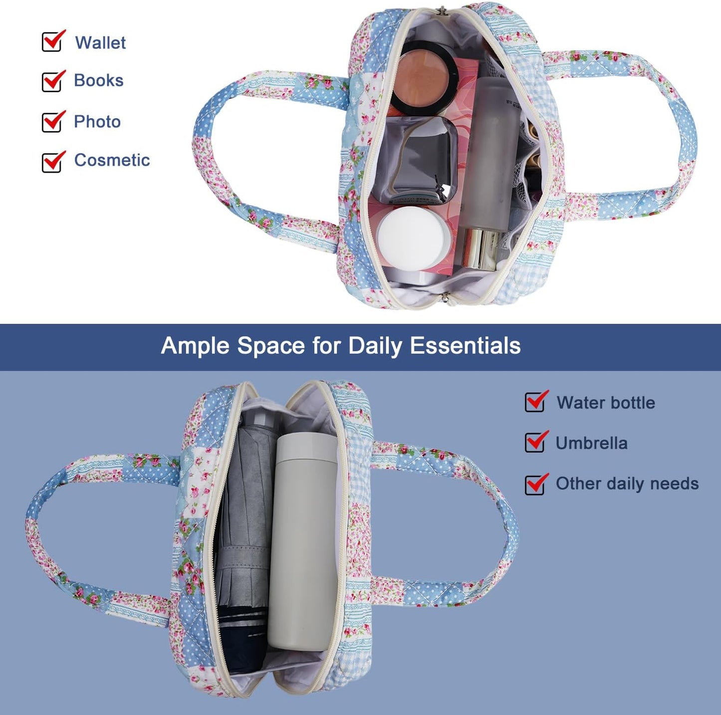 Cute Quilted Floral Makeup Bag(2Pcs),Coquette Aesthetic Cosmetic Bag,Travel Toiletry Bags, Kawaii Aesthetic pouch for Women (15-GridRose)