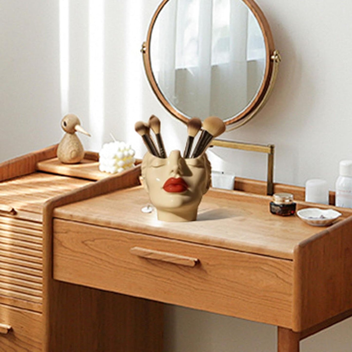 Makeup Brush Organizer, Boho Women Head Shape Sculpture, Modern Desk Decor Pen Holder, White Female Face Vase Bookshelf Decor, Office Shelf Organizer for Vanity, Living Room, Home (Beige 1)