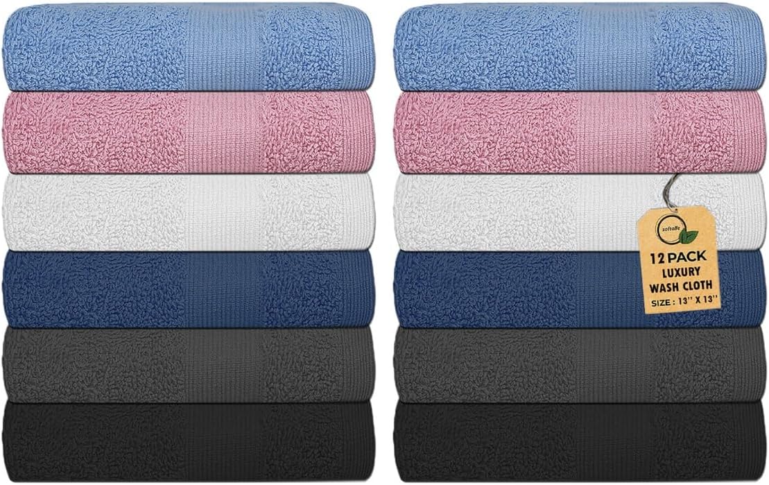 Premium Wash Cloths Pack of 12 (13" x 13") 100% Ring Spun Cotton | Luxury Washcloths | Ultra Soft Face Towels | Highly Absorbent Wash Cloths for face (Grey/Black/White/Pink/Sky/Navy)