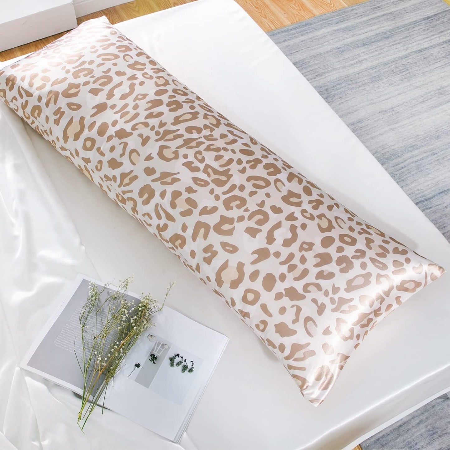 MR&HM Satin Body Pillow Cover, Soft and Breathable Body Pillow Case with Envelope Closure, Cooling and Silky Long Pillowcase for Hair and Skin,Grey (20x54, Champagne Leopard)