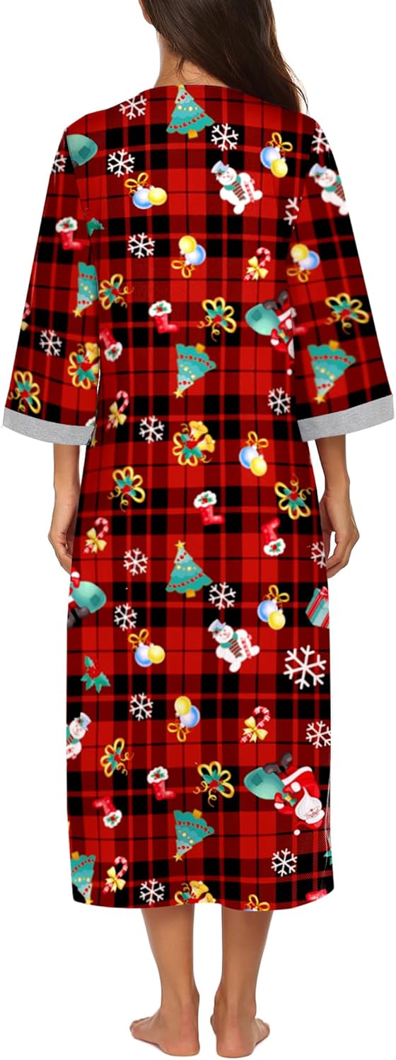 Ekouaer Women Zipper Robe 3/4 Sleeves Loungewear Dress Full Length Sleepwear Pockets Housecoat Nightgown Long Bathrobe