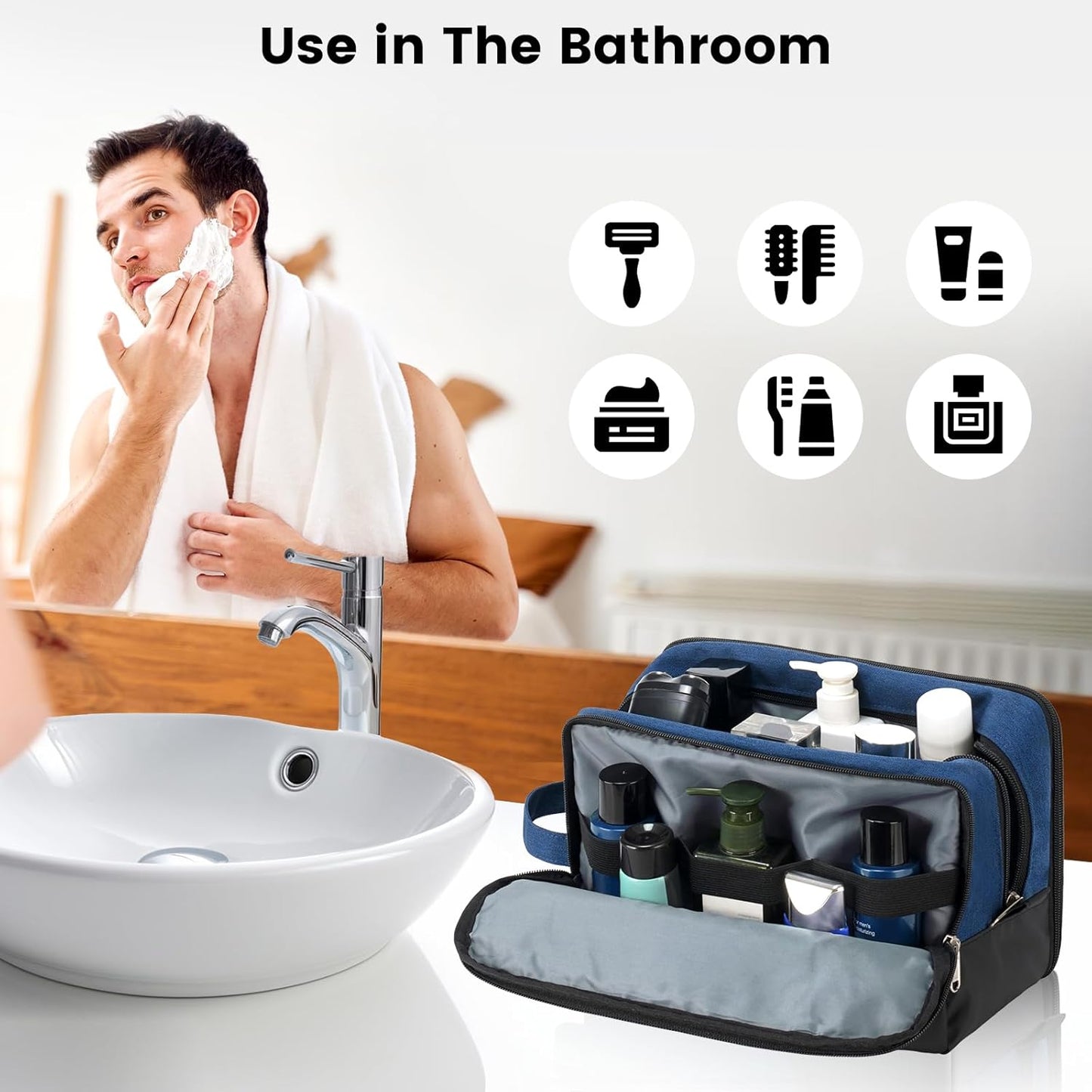 Vorspack Large Travel Toiletry Bag - Water Resistant Toiletry Bag for Men for Bathroom Toiletries Accessories Gifts - Navy Blue