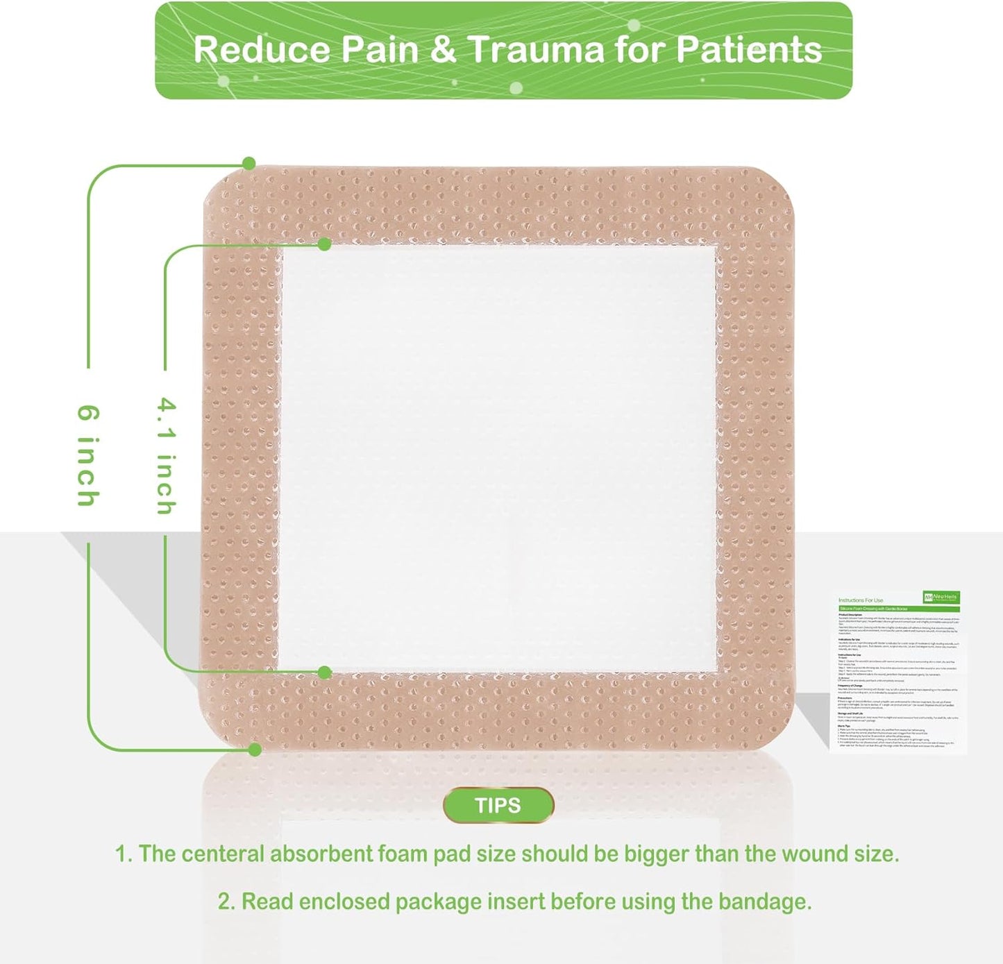 NeuHeils Silicone Adhesive Foam Dressing Bandage with Gentle Border 6 x 6 inch for Bed Sore Leg Ulcer, 5 Pack, High Absorbency Waterproof Silicone Wound Bandage for Pressure Ulcer