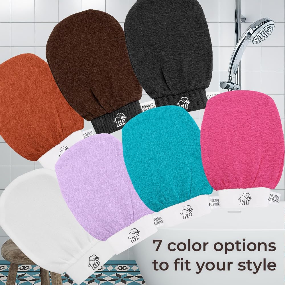 Natural Elephant Exfoliating Hammam Glove - Face and Body Exfoliator Mitt (Black, Brown, Orange, and Lilac (Pack of 4))