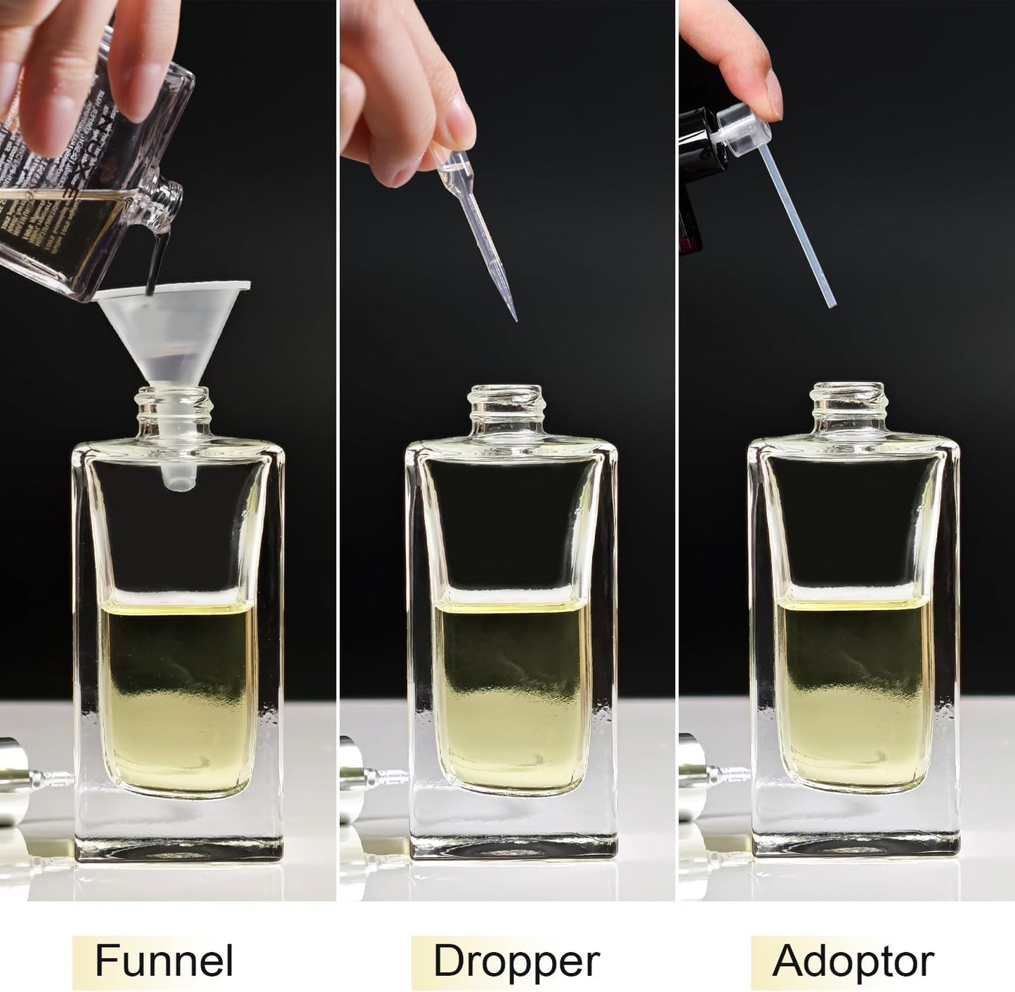 2 Pack 50ml/1.7 Oz Glass Spray Bottle Perfume Atomizer,Empty Travel Refillable Perfume Spray Bottle with 3 Kinds of Dispenser (Black Cap, 50ml)