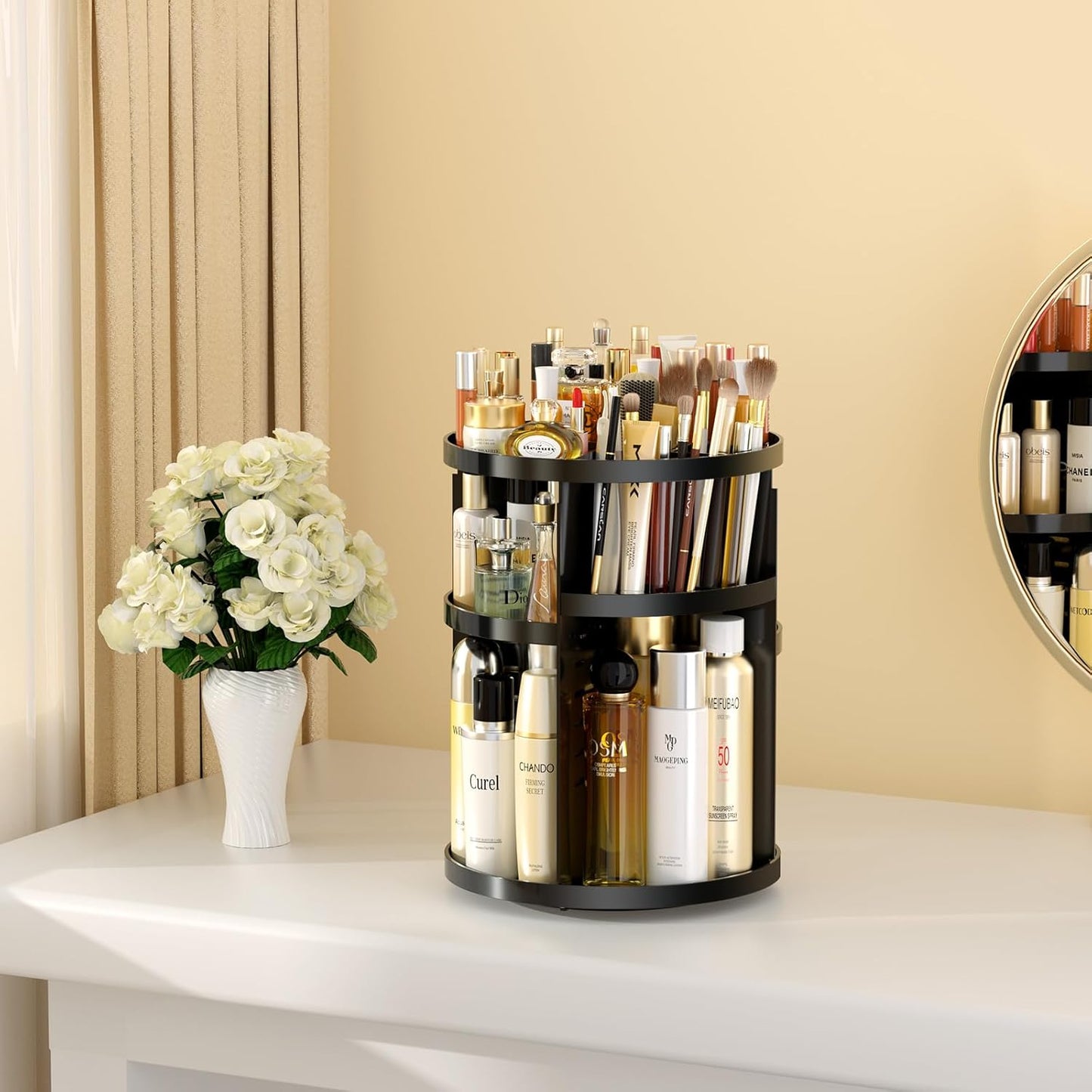 Makeup Organizer 360 rotating, Adjustable Skincare Organizers with Brush Holder, Cosmetics Display Cases for Vanity Bathroom Countertop Large Capacity Carousel Make up Caddy Shelf (Black)