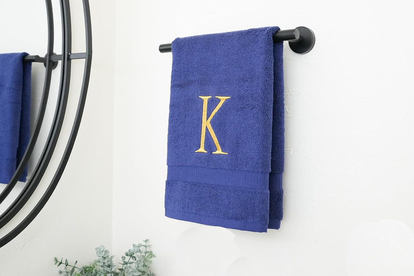 Navy Monogrammed Hand Towels for Bathroom - Navy and Gold Luxury Hotel Quality Personalized Initial Decorative Embroidered for Powder Room, Spa-GOTS Organic Certified - Pack of 2, Letter K