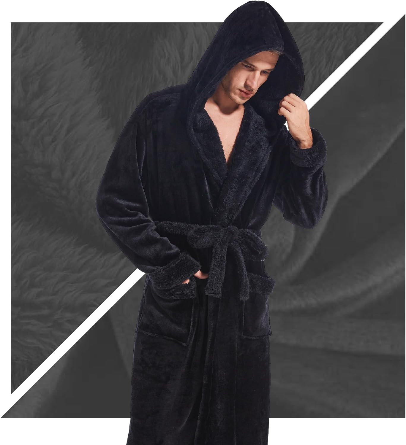 Inner Wish Mens Hooded Robe, Plush Long Bath robes Cozy Warm Bathrobe Fuzzy male Spa Robe With Pockets