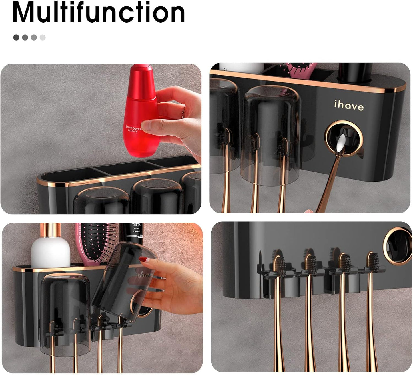 iHave Toothbrush Holders Bathroom Accessories with Toothpaste Dispenser, 2 Cups Toothbrush Holder Wall Mounted Bathroom Decor