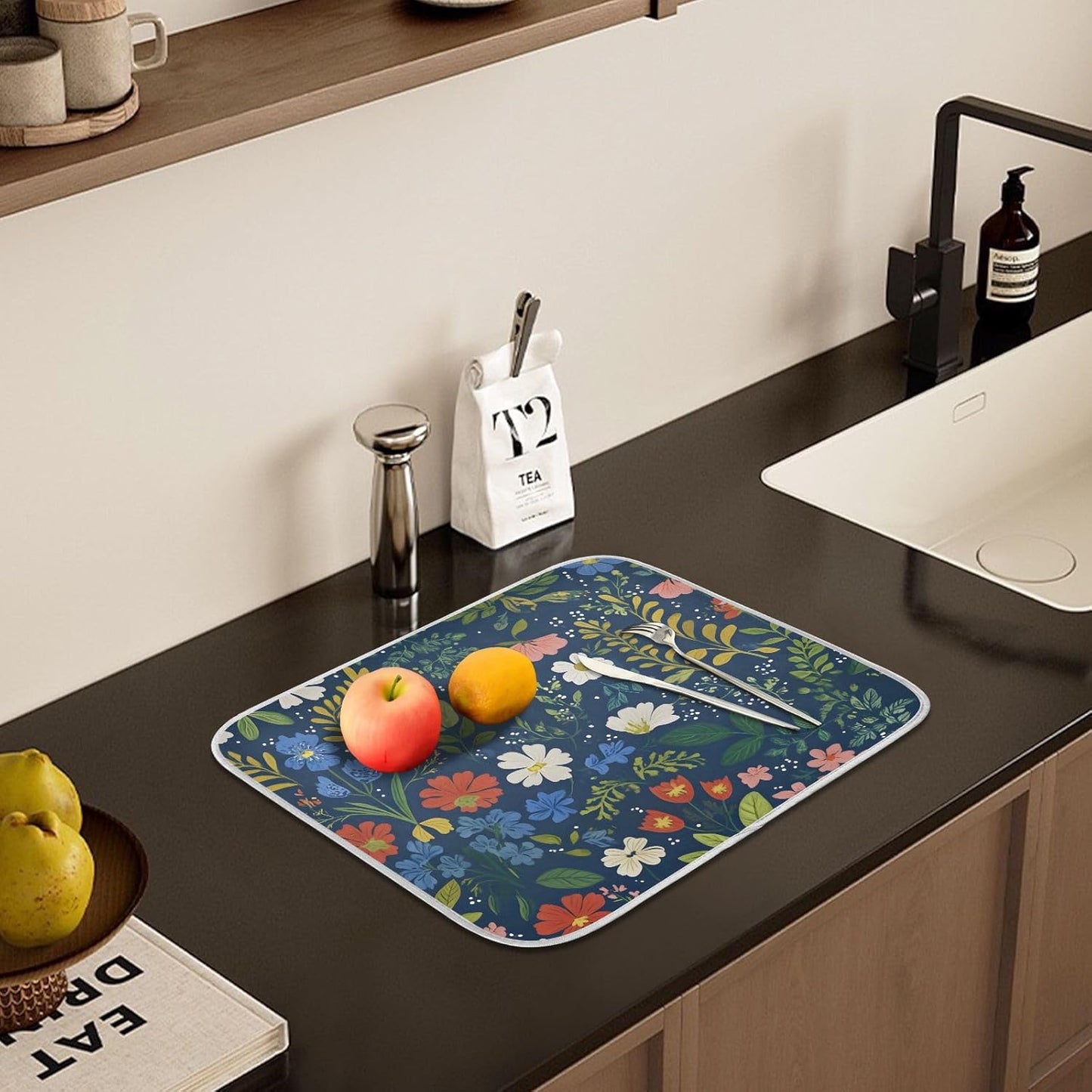 Wildflowers Dark Blue Dish Drying Mats for Kitchen Counter, 18x24 inch Drying Dishes Absorbent Microfiber Dish Drainer Mat Rack Pad Fast Dry