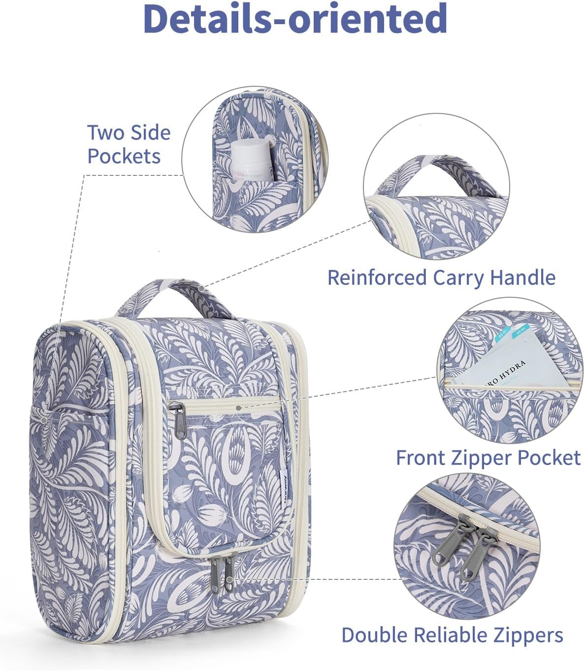 Narwey Small Hanging Toiletry Bag Women Travel Makeup Bag Organizer Toiletries Bag for Travel Size Essentials Accessories Cosmetics (Medium, Blue Leaf)