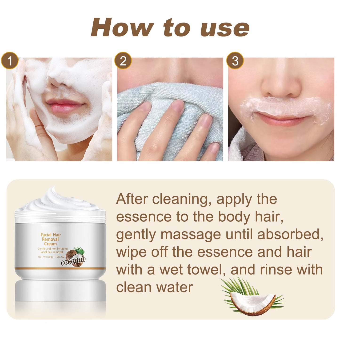 Facial Depilatory Cream, Coconut Hair Remover for Upper Lip and Chin for Face Hair Remover for Body Sensitive Skin Gentle and Non-Irritating,Body Hair Removal Cream for Women(2PCS)