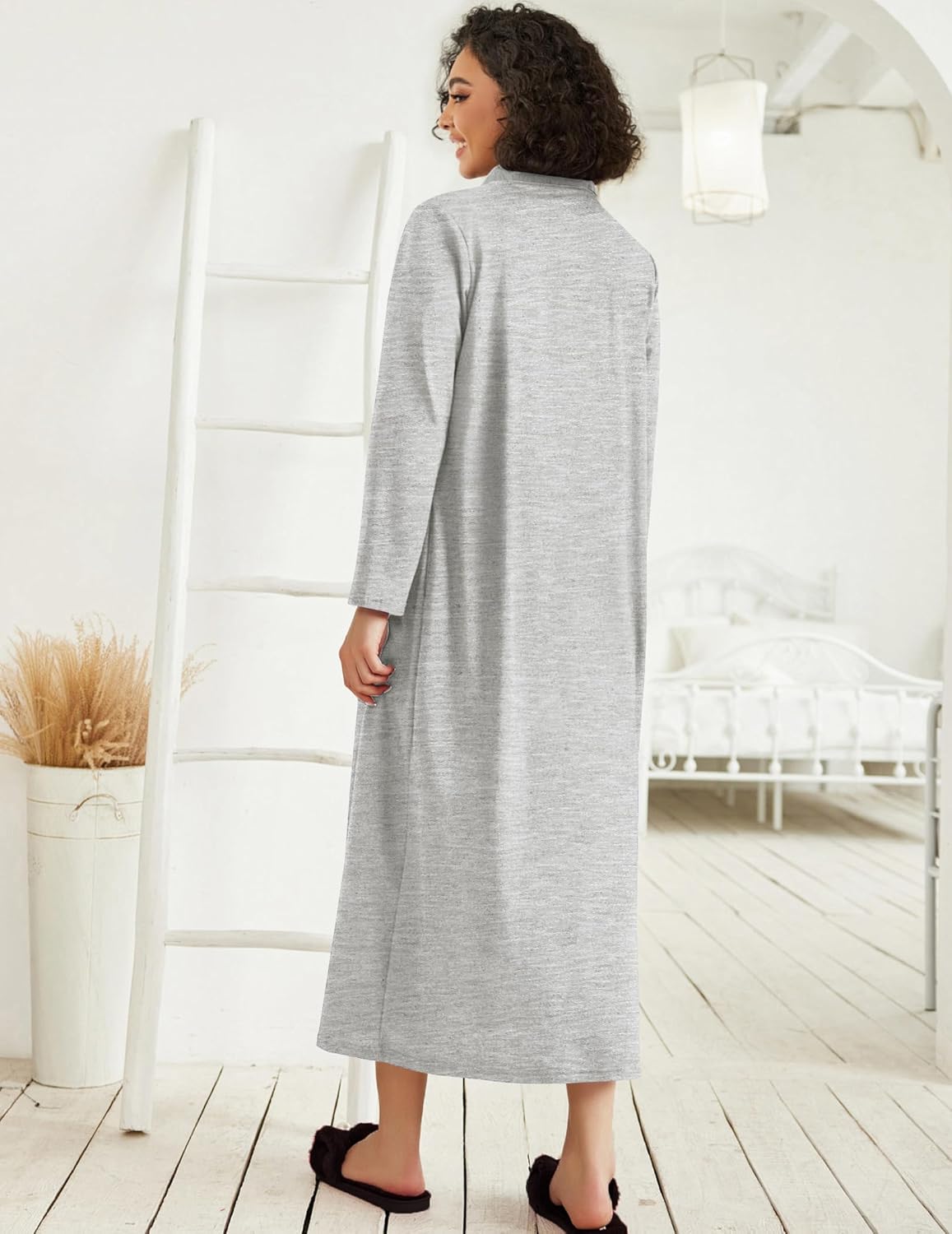 Ekouaer Women Zipper Robe Long Sleeve Loungewear Lightweight Housecoat Full Length Nightgown with Pockets