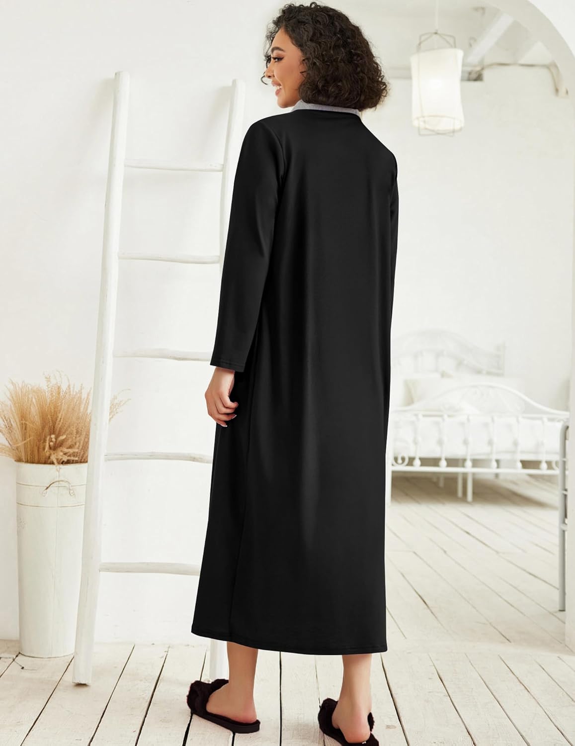 Ekouaer Women Zipper Robe Long Sleeve Loungewear Lightweight Housecoat Full Length Nightgown with Pockets
