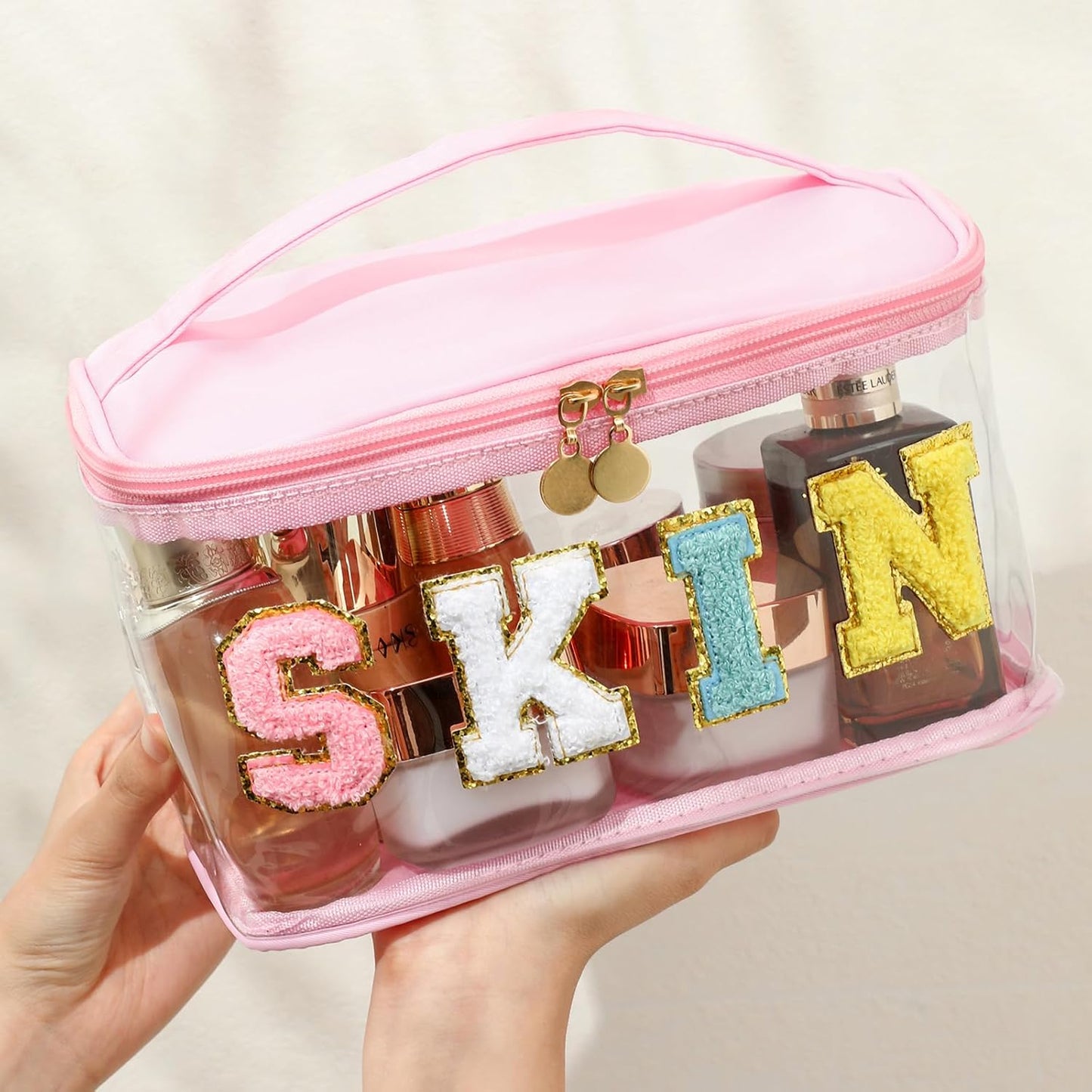 Personalized Chenille Letter Clear Skin Makeup Bag, Large Size Waterproof Nylon Cosmetic Toiletry Storage bag with Top Handle, Transparent Meds Skin Travel Organizer Cosmetic Bag(11Skin-Beige)