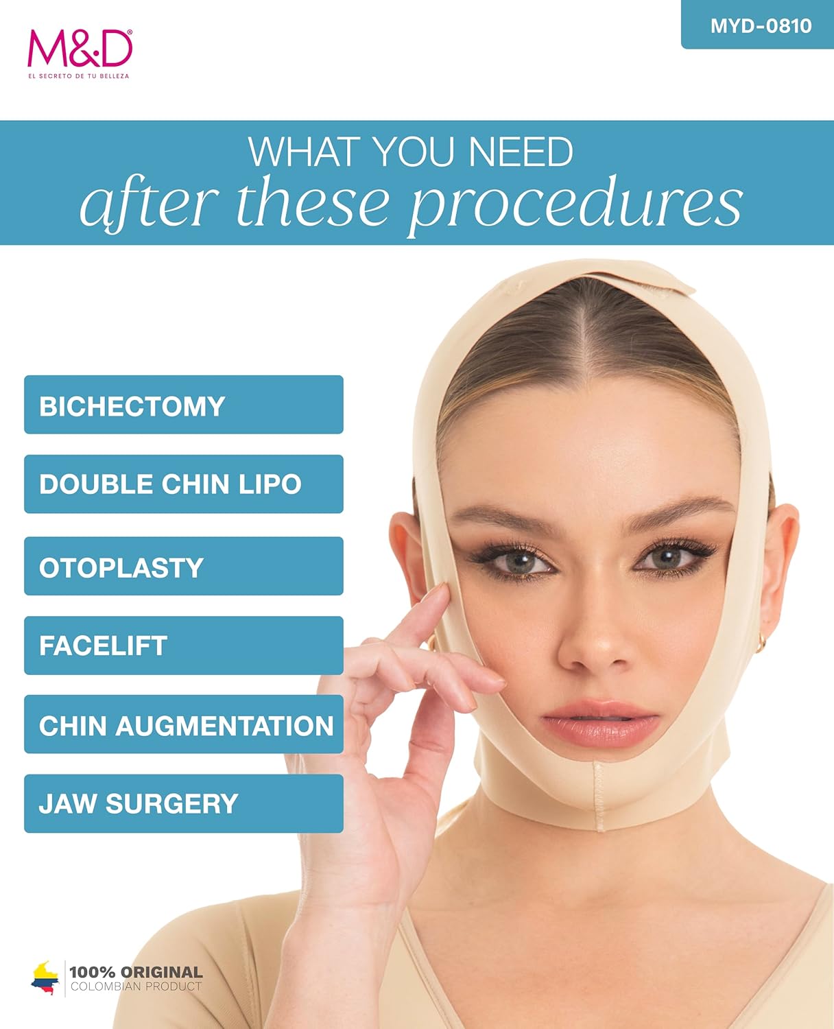 M&D Face Slimming Chin Strap Lipo Compression Garment Mentonera Postquirúrgica Facial Beige L