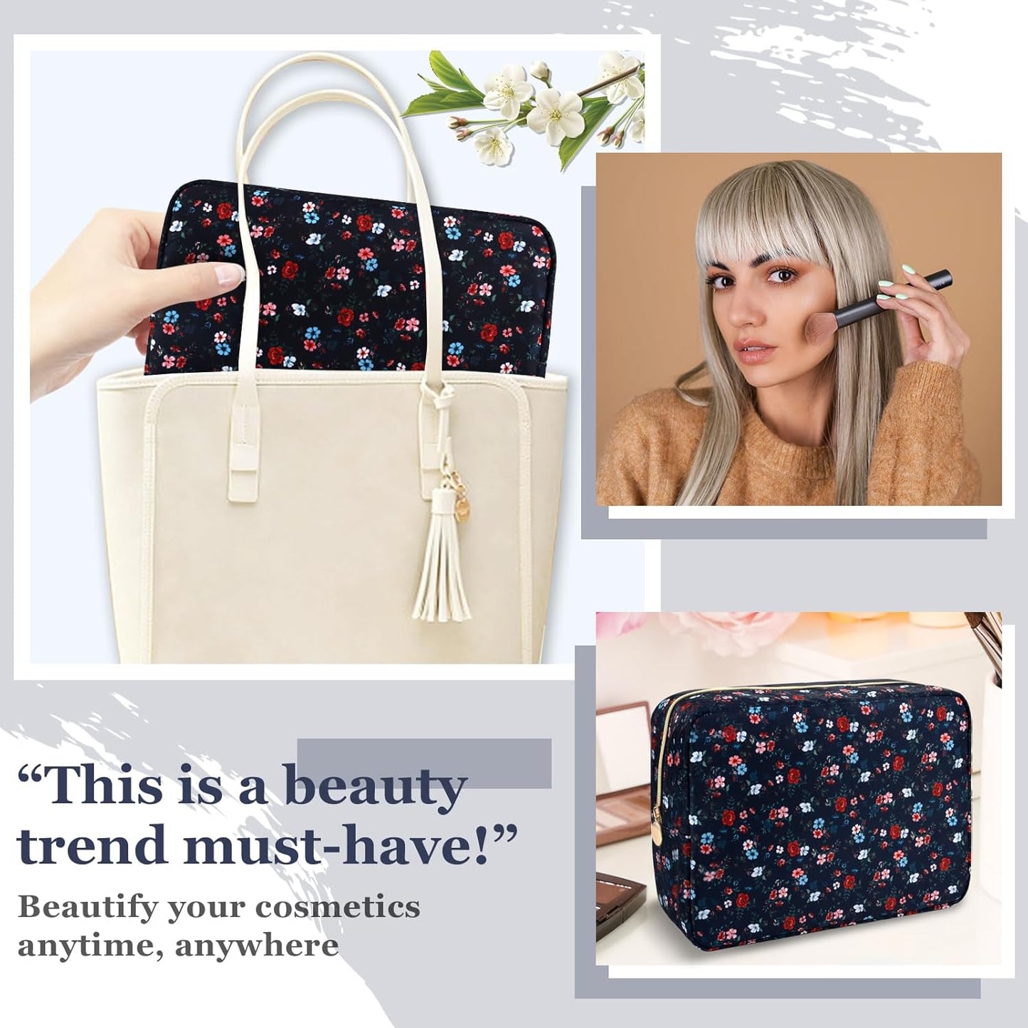 Nylon Large Floral Makeup Organizer Bag, Preppy Big Cute Flower Cosmetic Zipper Pouch Multi-compartment with Dividers, Waterproof Toiletry Makeup Brushes Travel Essentials for Women(Navy Blue-Flower)