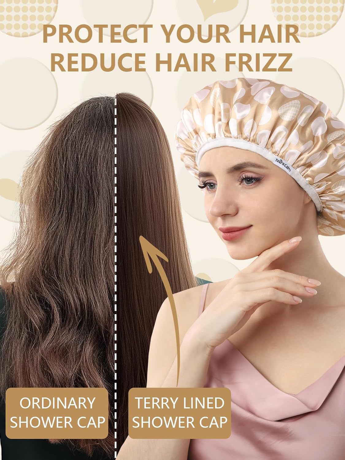 Years calm Terry Lined Shower Cap, Triple Layer Heart Motifs,Waterproof Reusable Elastic,Hair Shower Cap for Women,Terry Cloth Shower Caps for Spa,Clean,Trave (Beige, One Size)