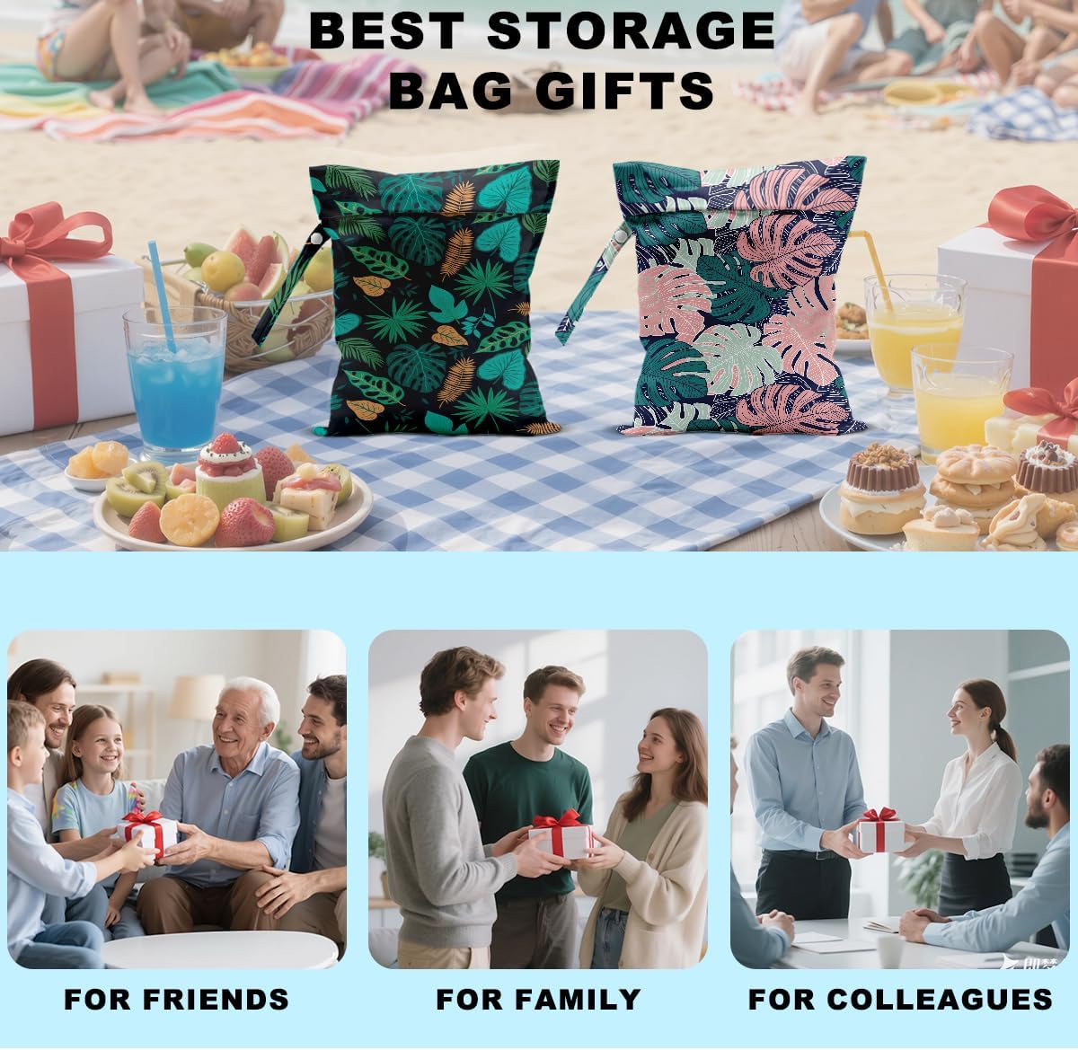 2Pcs Palm Leaves Wet Bag 12x10 Inch, Plants Waterproof Reusable Wet Dry Bag, Tropical Washable Travel Laundry Bags for Swimsuit Beach Diapers Dirty Yoga Gym Clothes, Plants Gifts for Women Friend