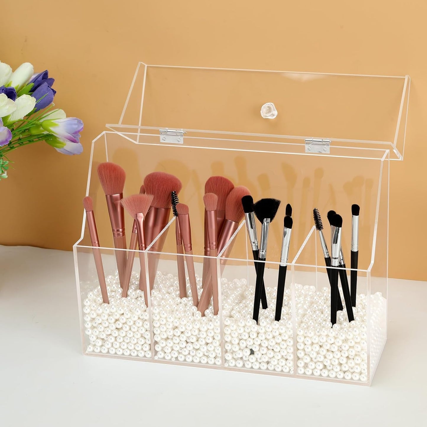 Acrylic Makeup Organizer, Clear Cosmetic Brush Storage Box With 4 Brush Holders,Makeup Brush Holder with Dust Cover, Large-capacity Split Design Can Quickly Organize the Desktop(No pearls)