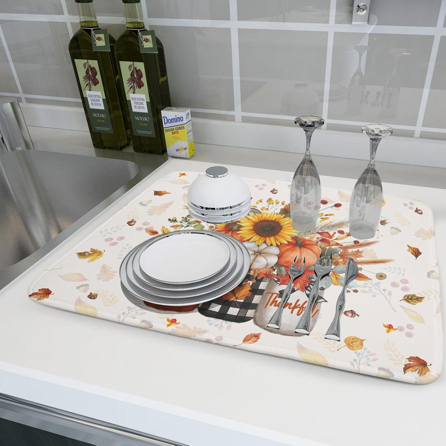 Autumn Pumpkin Dish Drying Mat 18x24 Inch Sunflower Flower Vase Washable Draining Mat with Hanging Loop Seasonal Holiday Home Decoration