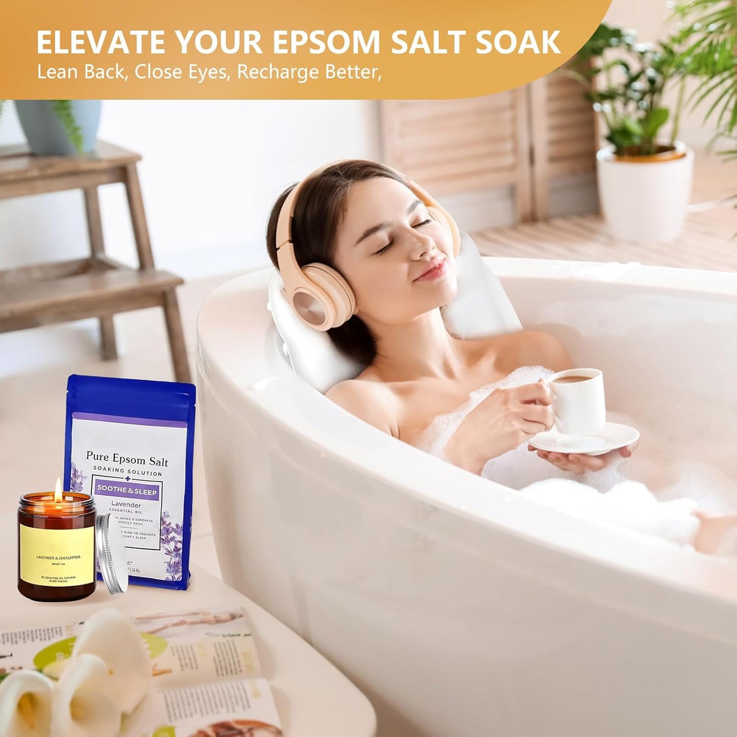 Inflatable Bath Pillow for Tub - Adjustable Firmness Silicone Bathtub Pillow for Spa Neck-Relaxing & Epsom Salt Soaking, Head & Back Reclining Support Cushion, Spa Gifts for Women, Parent, Friends