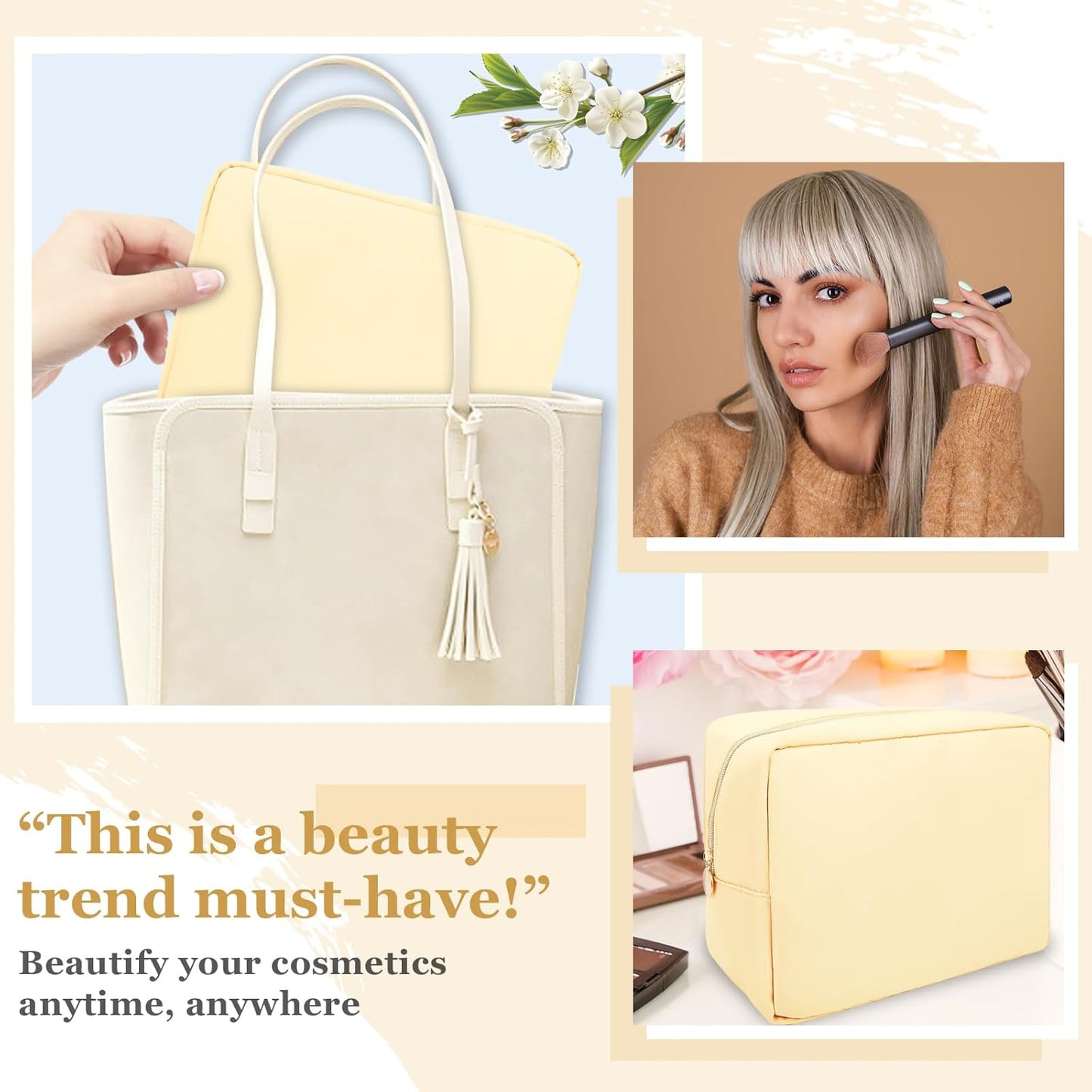 Nylon Large Makeup Bag Travel Pouch for Women, Preppy Big Makeup Bag Cute Cosmetic Zipper Pouch Purse, DIY Chenille Letter Bag Waterproof Toiletry Bag Clutch Makeup Organizer for Girls (Beige)