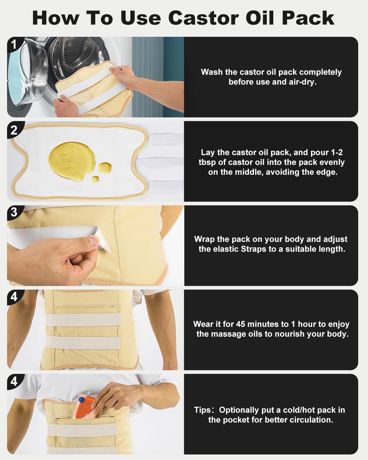 10 Pcs Castor Oil Pack Wrap, Plus Size Castor Oil Pack for Men Women, XL Reusable Castor Oil Wrap Kit for Eyes Neck Stomach Waist Knees Legs Feet, Flannel Cotton, Anti Oil Leak, Machine Washable