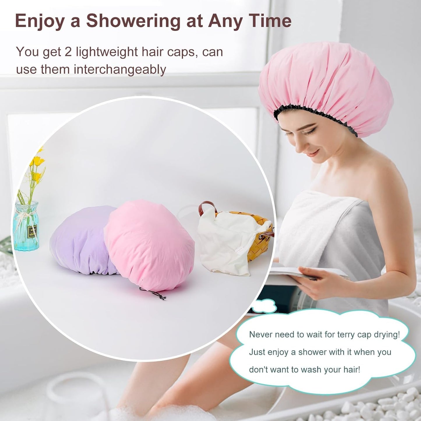 2 Pcs 16.5"Jumbo Adjustable Terry Cloth Lined Shower Caps for Long Hair & Braids, Extra Large Dual Waterproof Hair Cap for Women & Men, Reusable XXL for Dreadlocks, Locs
