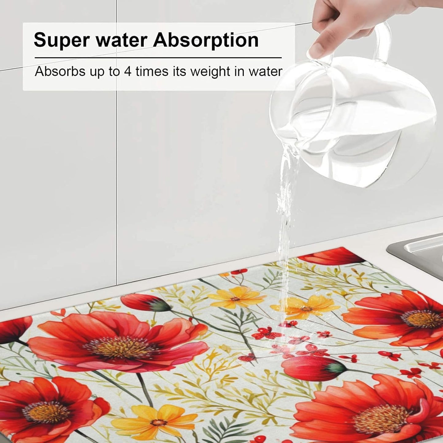 Watercolor Poppy Flower Dish Drying Mat For Kitchen Counter Absorbent Large Kitchen Fast Dry Pad Reusable Washable Protector Rack Large Mat 18 X 24