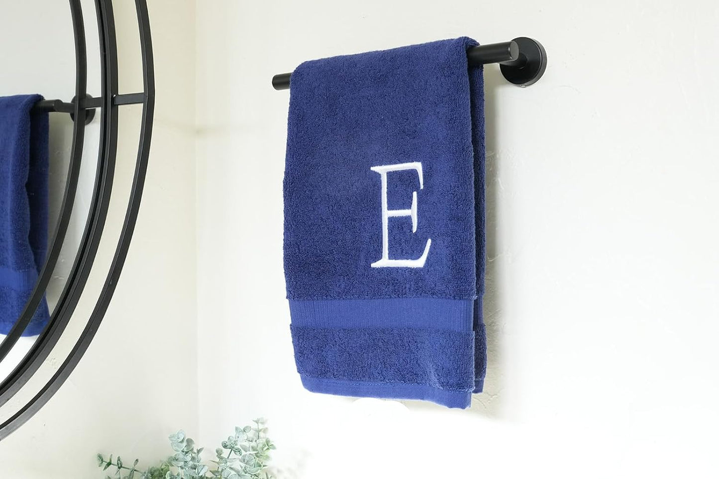 Navy Monogram Hand Towel for Bathroom - Monogrammed Initial Hotel Quality Decorative Embroidered Luxury Towel for Powder Room, Spa - GOTS Organic Certified - Set of 2 White Letter E