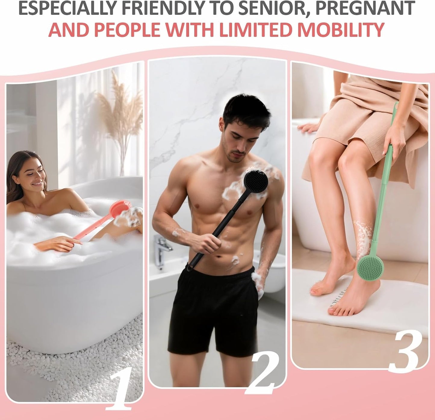 Adjustable Silicone Back & Face Scrubber Set, 16''-24'' Extendable Shower Back Scrubber with Dual-Side Head and Lathering Bristles, Manual Face Scrubber with Soft Bristle Non-Slip Handle(Pink)