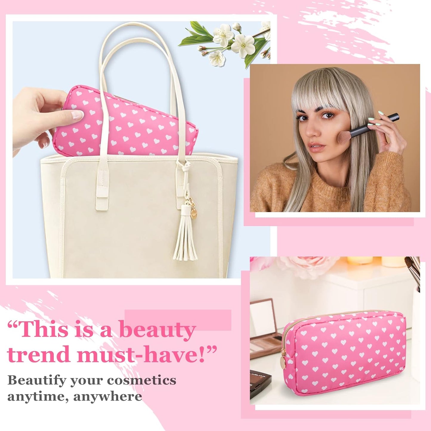 Nylon Small Makeup Bag for Purse, Cute Makeup Bag Preppy Cosmetic Zipper Pouch Purse, Waterproof Portable Travel Toiletry Bag Clutch Makeup Brush Bag Organizer Storage for Women Men Girls(Pink Heart)