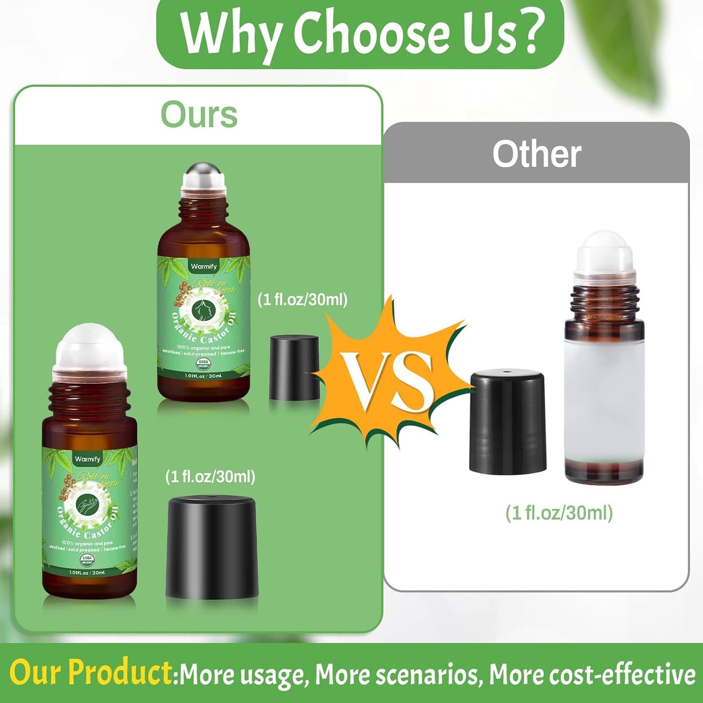 2-in-1 Castor Oil Roll On for Face & Hands, Organic Cold Pressed, Hexane-Free, Unrefined Glass Bottle – Targeted Roller Balls for Eye, Lip, Skin, Nail & Cuticle Care – 2 x 1 fl.oz