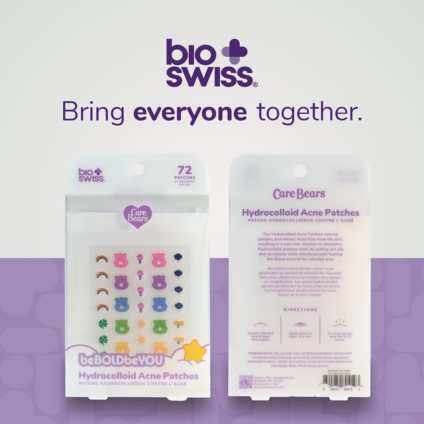 BioSwiss Care Bears Print Pimple Patches, Hydrocolloid Acne Patch for Zits and Blemishes, Face and Skin Stickers, 72 Count