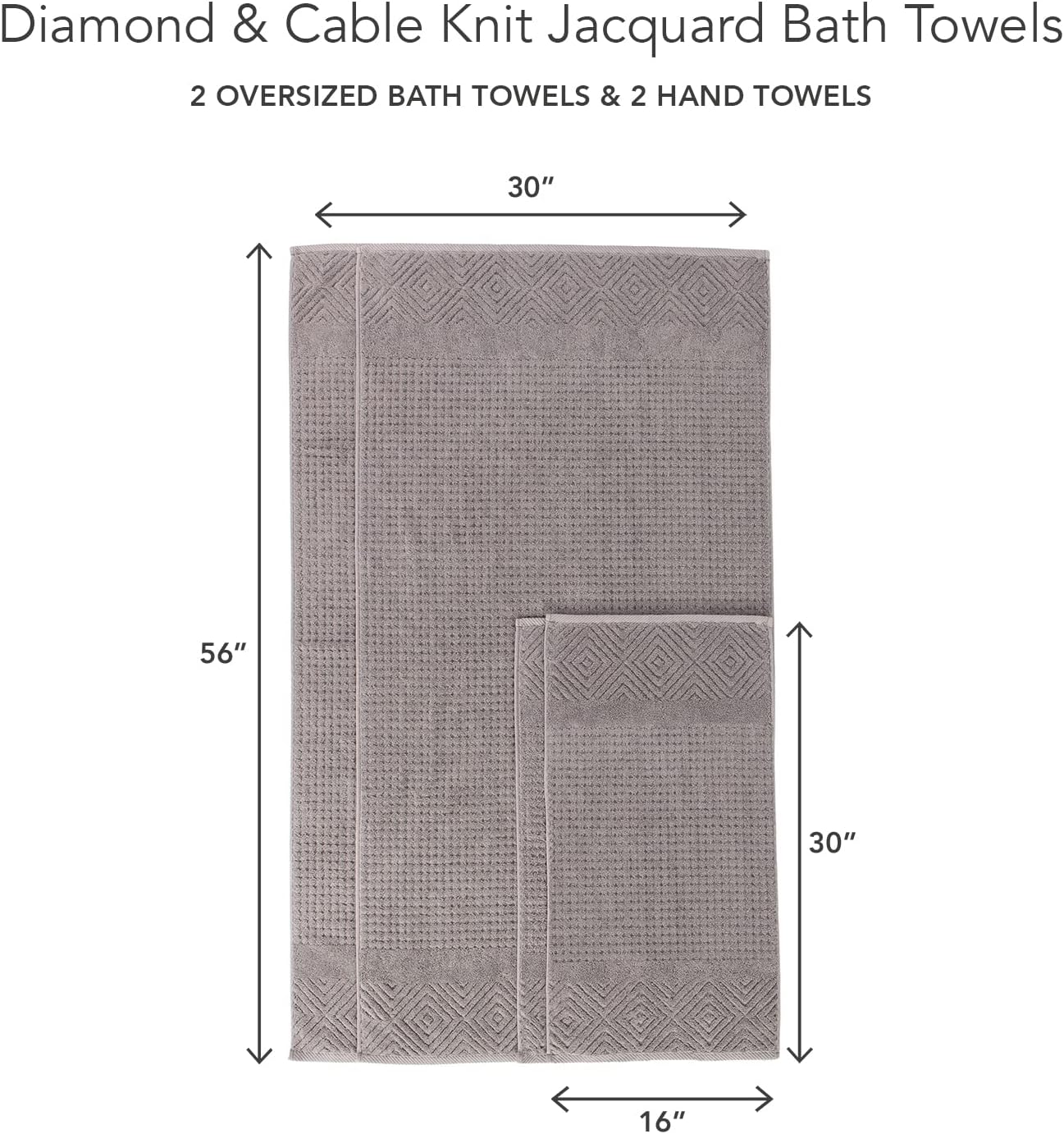 Texere 100% Organic Cotton Diamond Jacquard 700 GSM Luxury Bath Towel Sets - Ultra Soft and Absorbent Hotel and Spa Quality (Diamond, Cathedral Gray, 2 Bath & 2 Hand Towels)