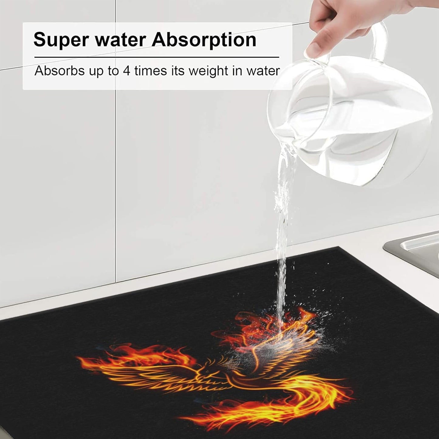 Fire Phoenix Dish Drying Mat for Kitchen Counter Washable Absorbent Reversible Microfiber Funny Drying Pad Kitchen Accessories 16x18 Inch