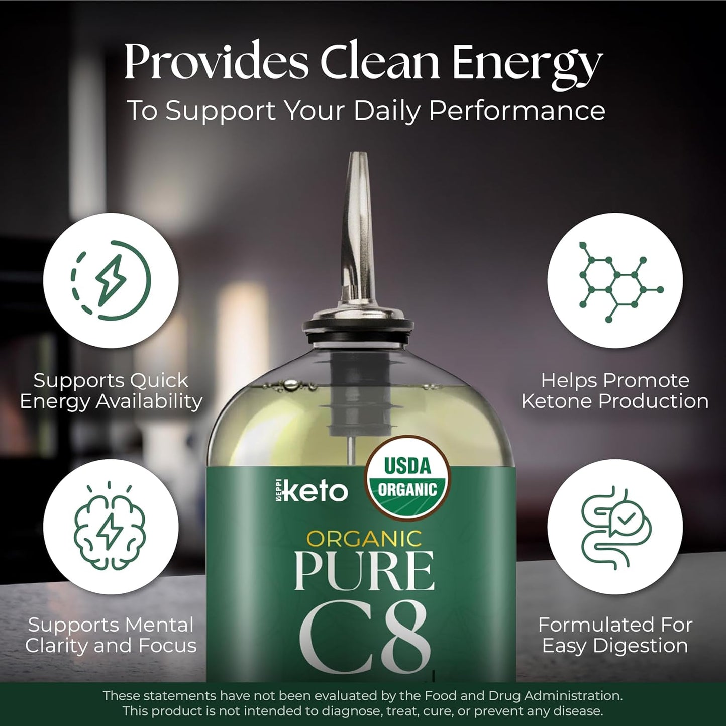 Keppi Keto Organic MCT Oil - Flavorless C8, Non-GMO, Certified Gluten-Free, Palm Oil Free, Vegan, Kosher, Halal, 32 oz Coconut Oil